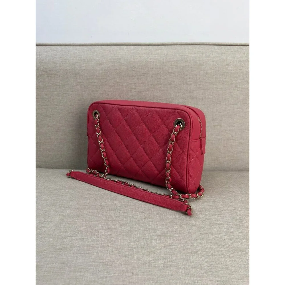 CHANEL Pink Red Caviar Camera Case Bag GHW